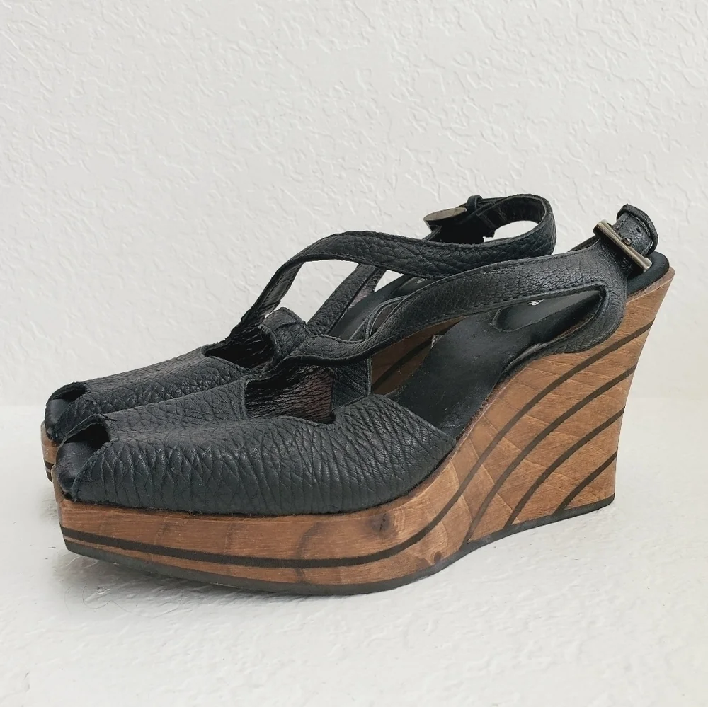 Rebeca Sanver Spain Y2K Leather Chunky Wedge Wood Platform Sandals 40EU
